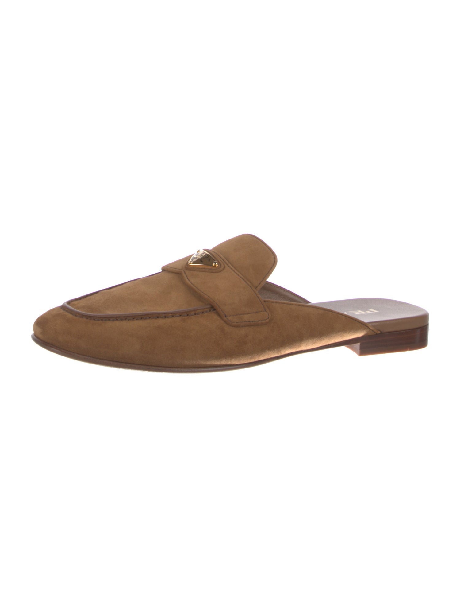 Prada Enameled Metal Triangle Suede Mules