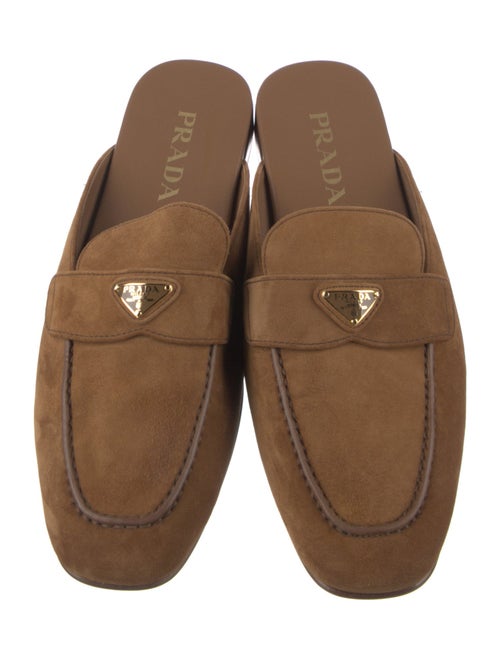 Prada Enameled Metal Triangle Suede Mules