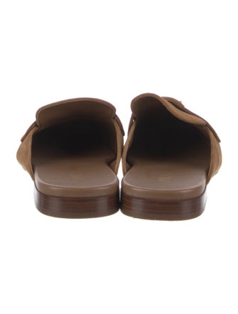 Prada Enameled Metal Triangle Suede Mules