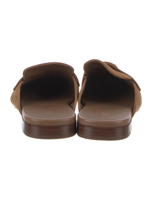 Prada Enameled Metal Triangle Suede Mules