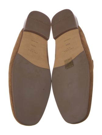 Prada Enameled Metal Triangle Suede Mules