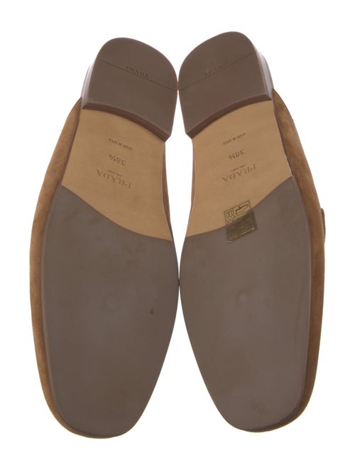 Prada Enameled Metal Triangle Suede Mules