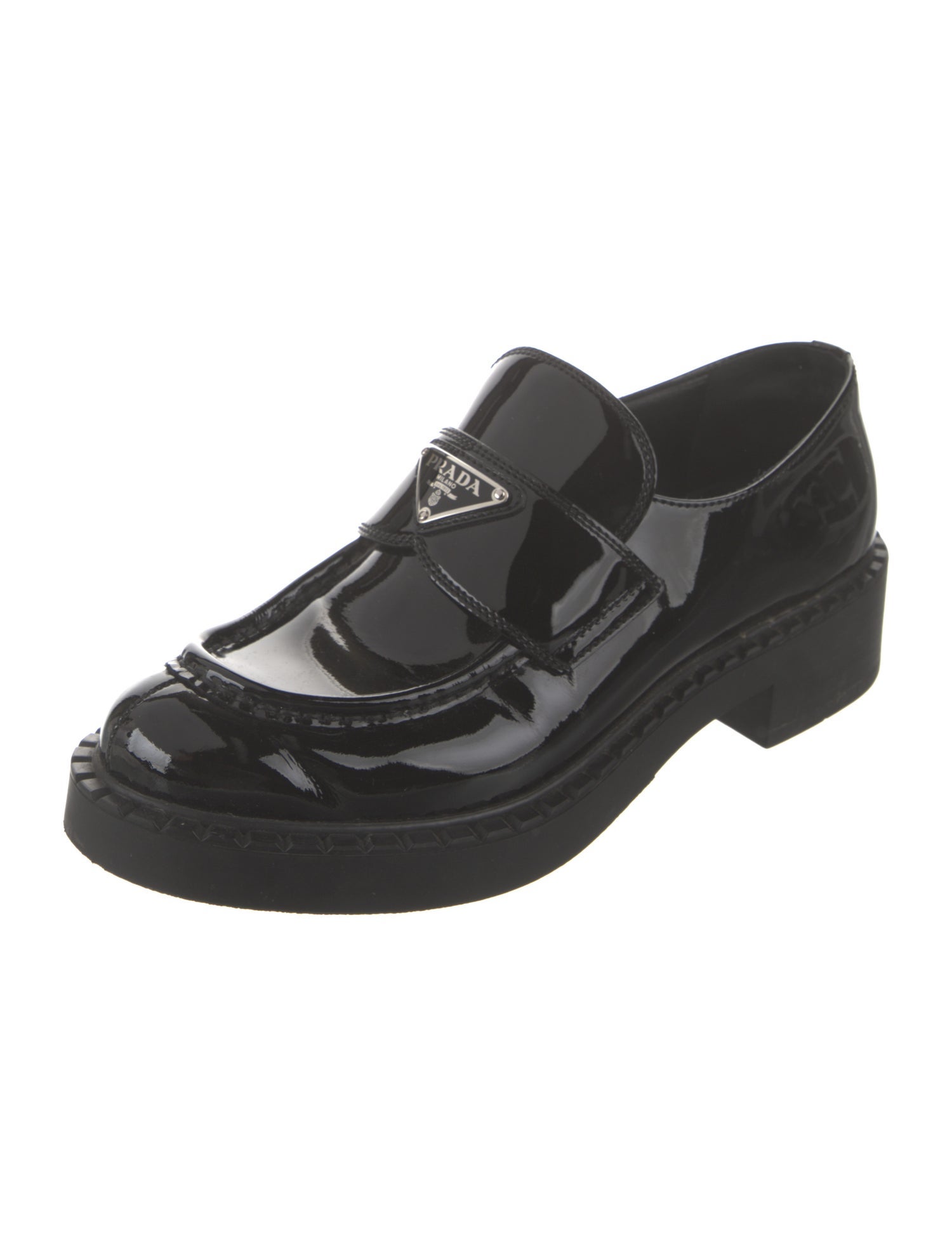 Prada Enameled Metal Triangle Patent Leather Pumps
