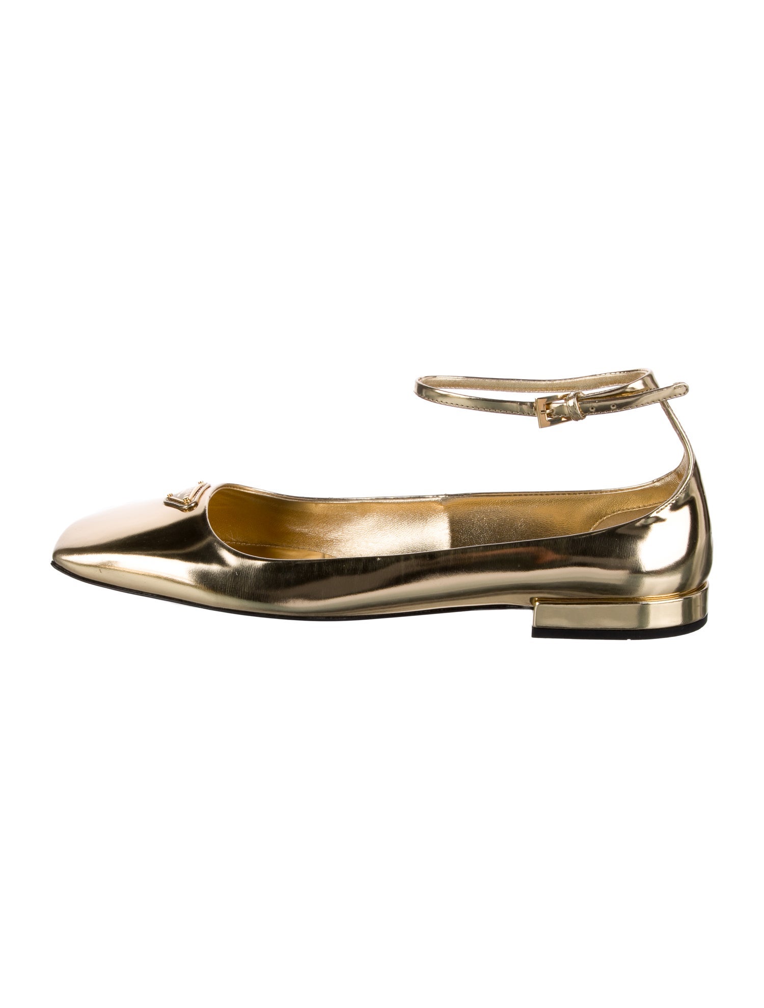 Prada Enameled Metal Triangle Patent Leather Flats