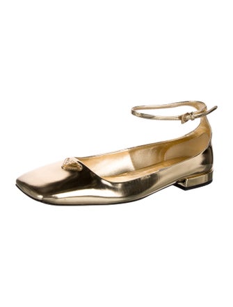 Prada Enameled Metal Triangle Patent Leather Flats