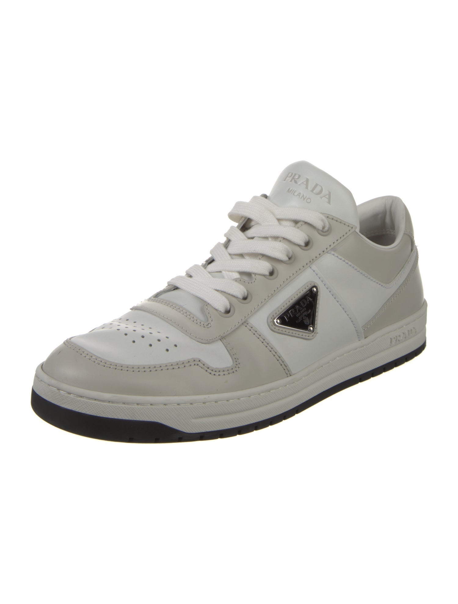 Prada Enameled Metal Triangle Leather Sneakers
