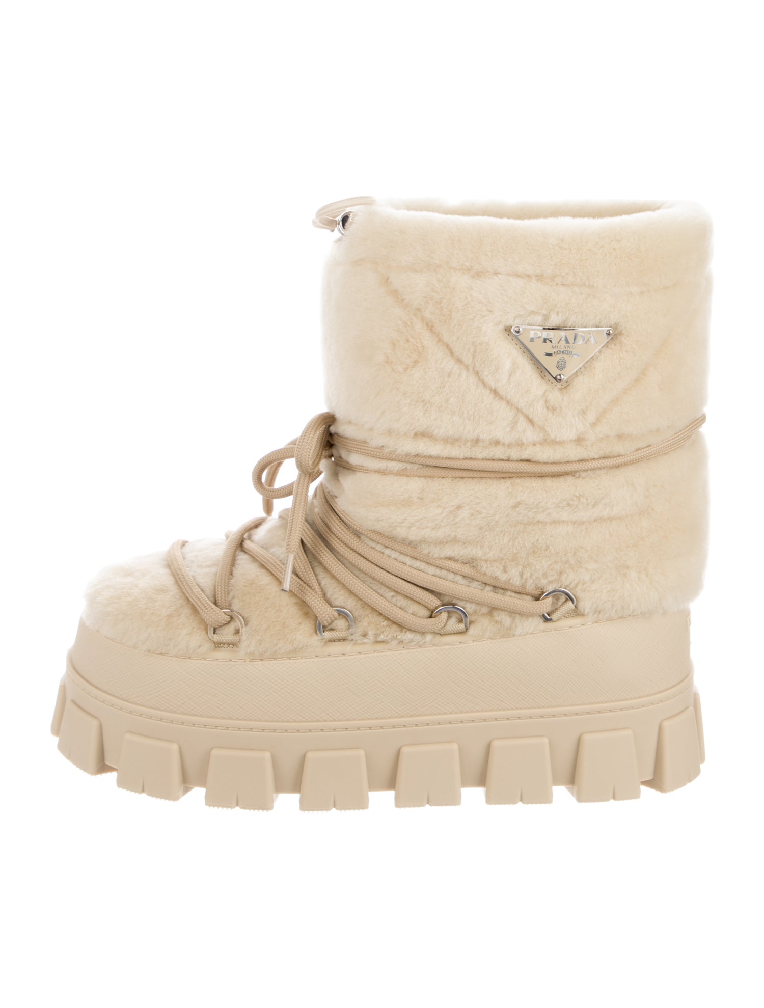 Prada Enameled Metal Triangle Shearling Lace-Up Boots