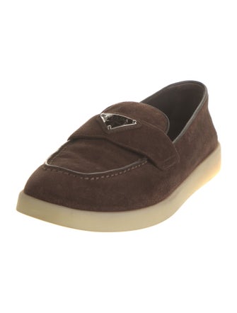 Prada Enameled Metal Triangle Suede Loafers