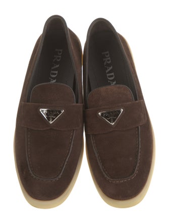 Prada Enameled Metal Triangle Suede Loafers