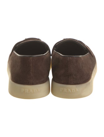 Prada Enameled Metal Triangle Suede Loafers