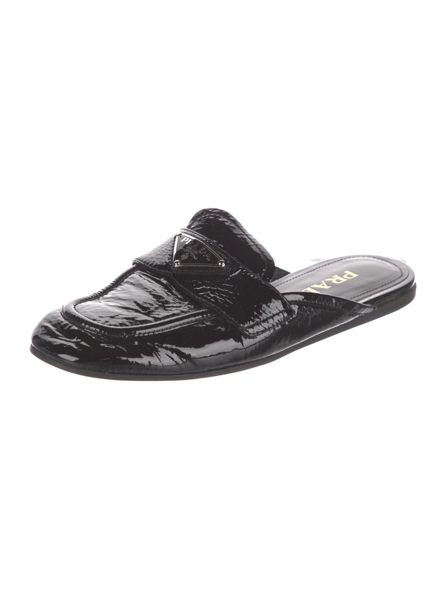 Prada Enameled Metal Triangle Patent Leather Mules