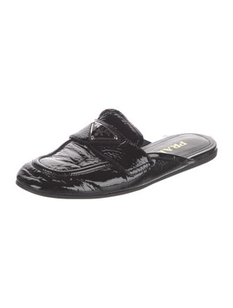 Prada Enameled Metal Triangle Patent Leather Mules