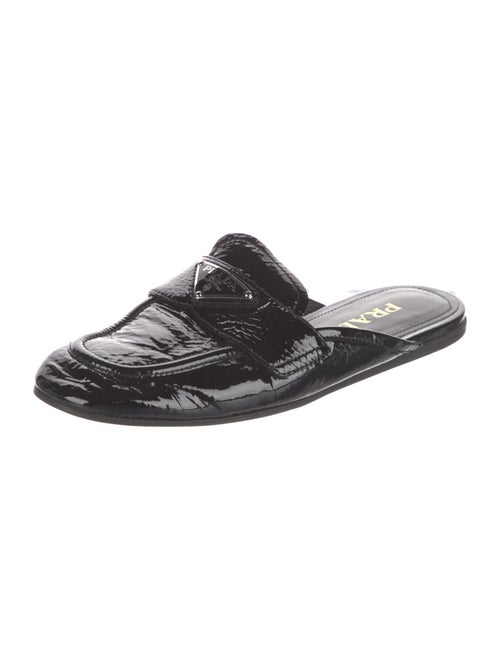 Prada Enameled Metal Triangle Patent Leather Mules