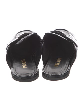 Prada Enameled Metal Triangle Patent Leather Mules