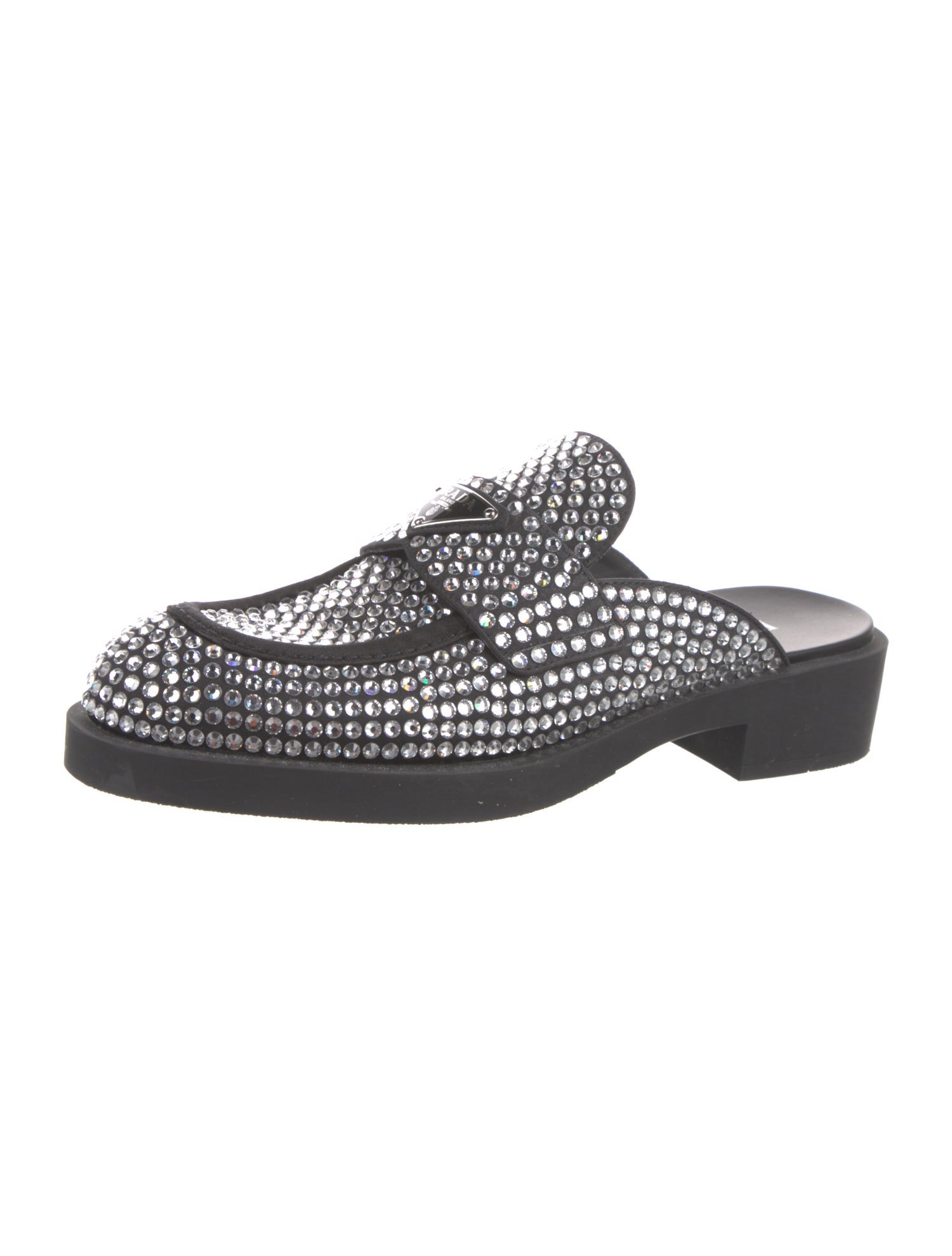 Prada Enameled Metal Triangle Crystal Mules