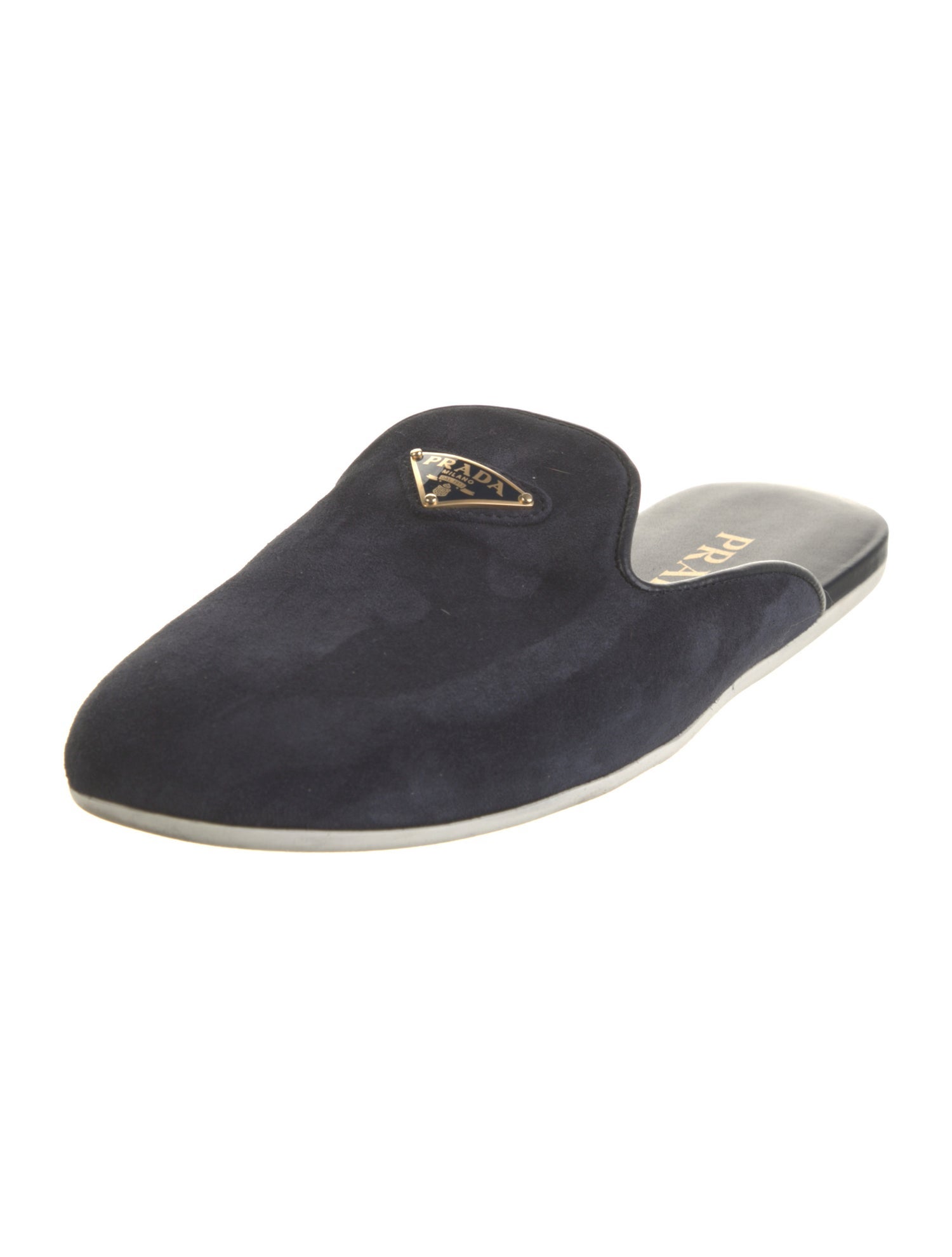 Prada Enameled Metal Triangle Suede Mules