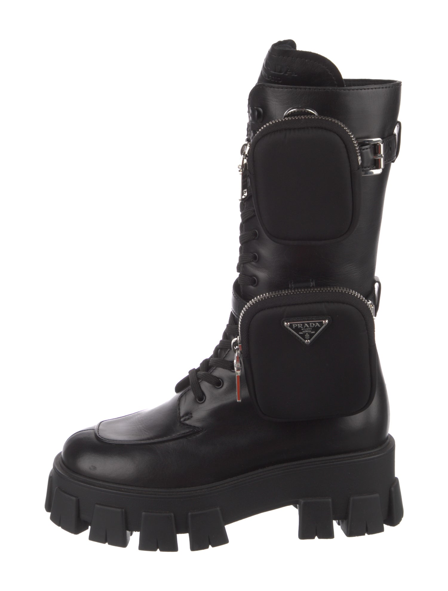 Prada Enameled Metal Triangle Leather Combat Boots