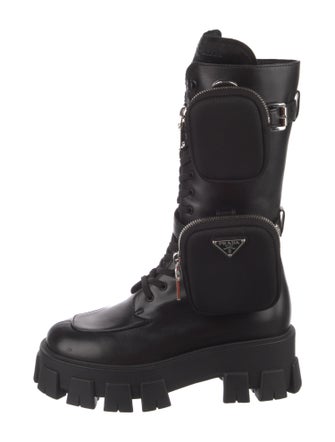 Prada Enameled Metal Triangle Leather Combat Boots