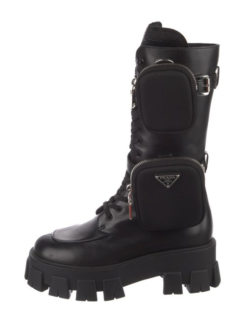 Prada Enameled Metal Triangle Leather Combat Boots