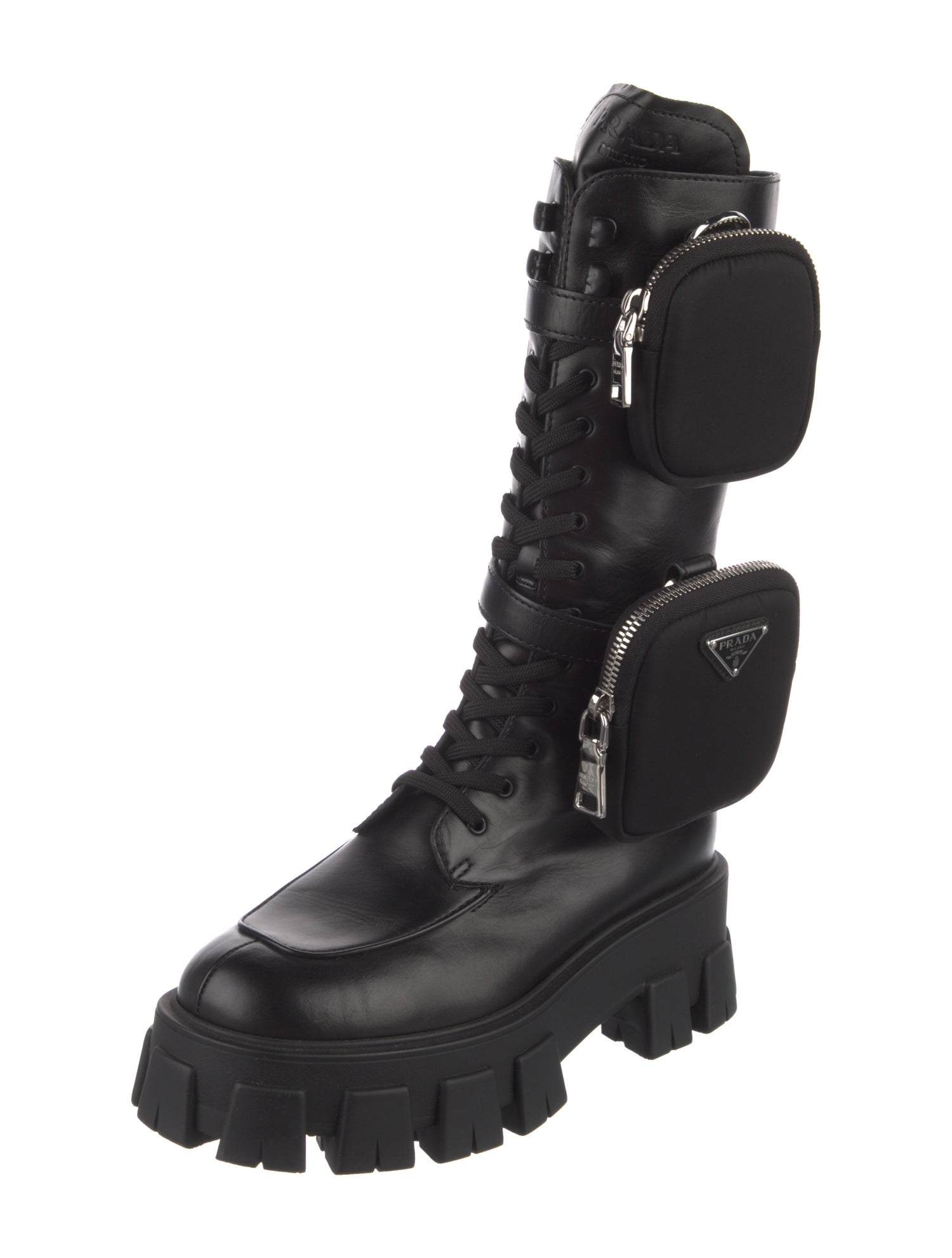 Prada Enameled Metal Triangle Leather Combat Boots