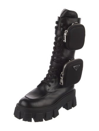 Prada Enameled Metal Triangle Leather Combat Boots