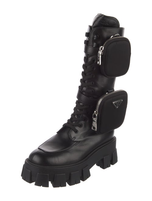 Prada Enameled Metal Triangle Leather Combat Boots