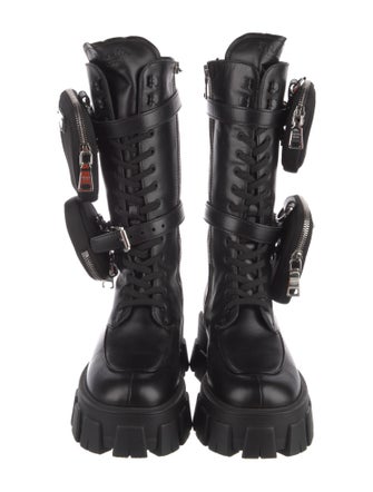 Prada Enameled Metal Triangle Leather Combat Boots