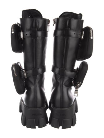 Prada Enameled Metal Triangle Leather Combat Boots