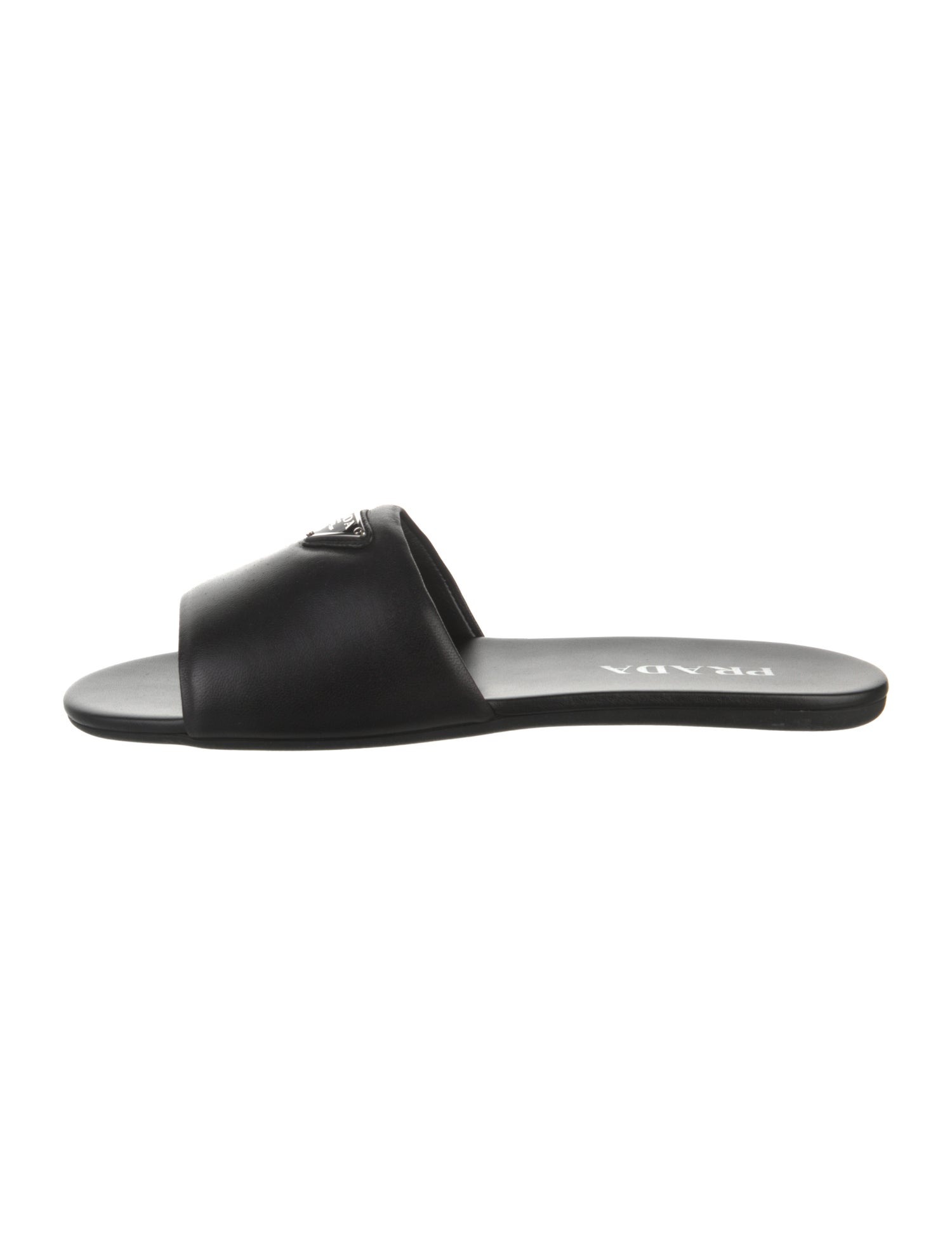 Prada Enameled Metal Triangle Leather Slides