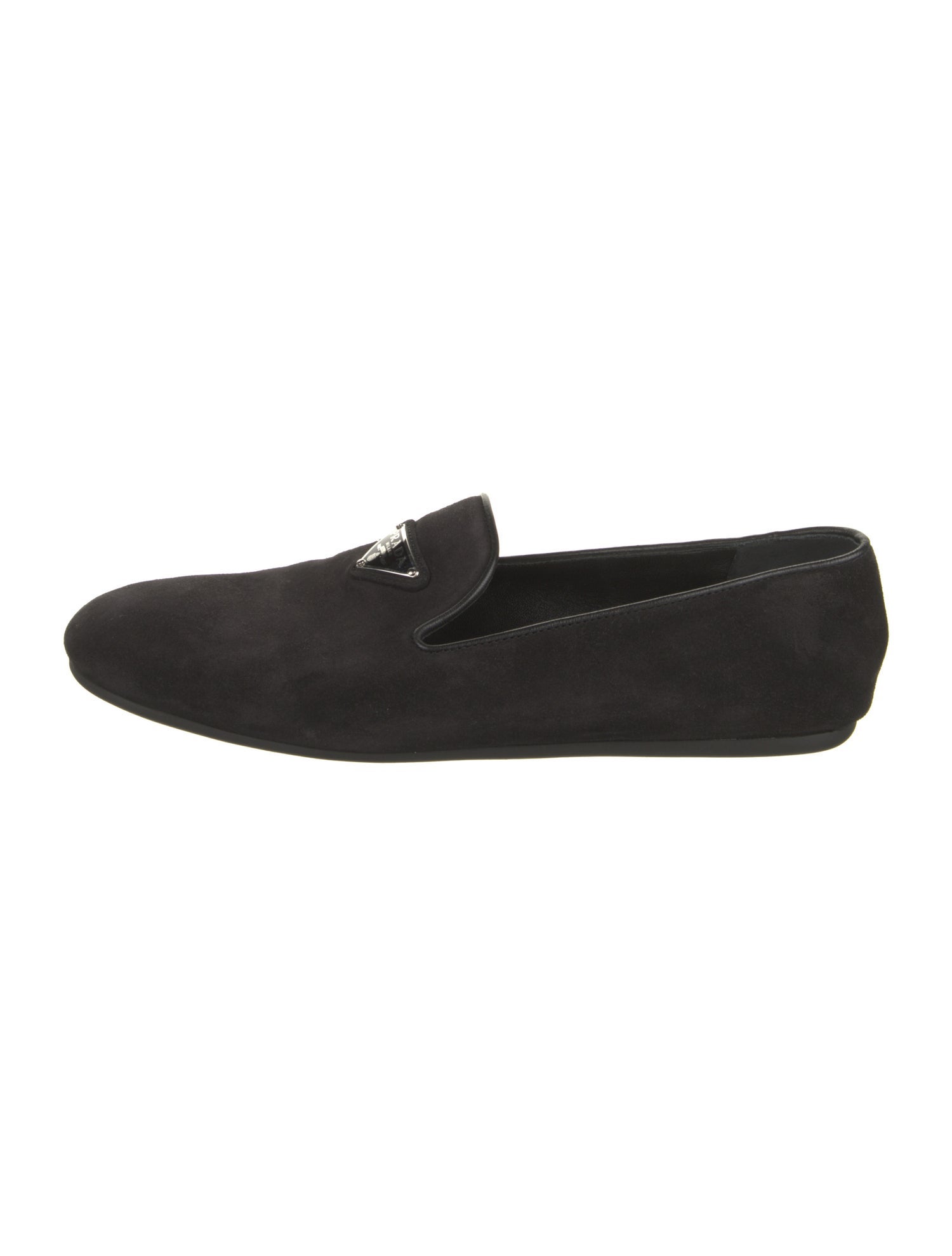 Prada Enameled Metal Triangle Suede Loafers