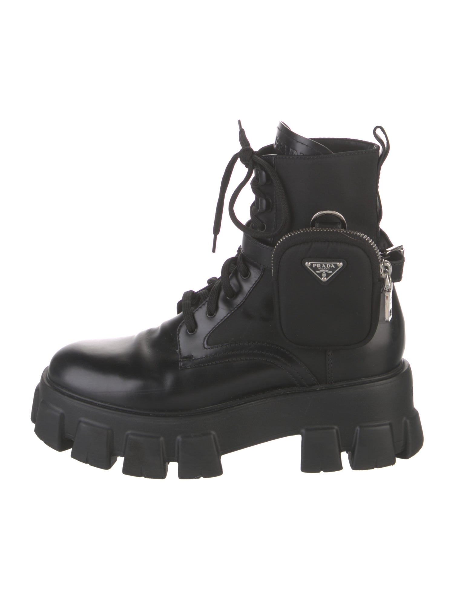 Prada Enameled Metal Triangle Leather Combat Boots