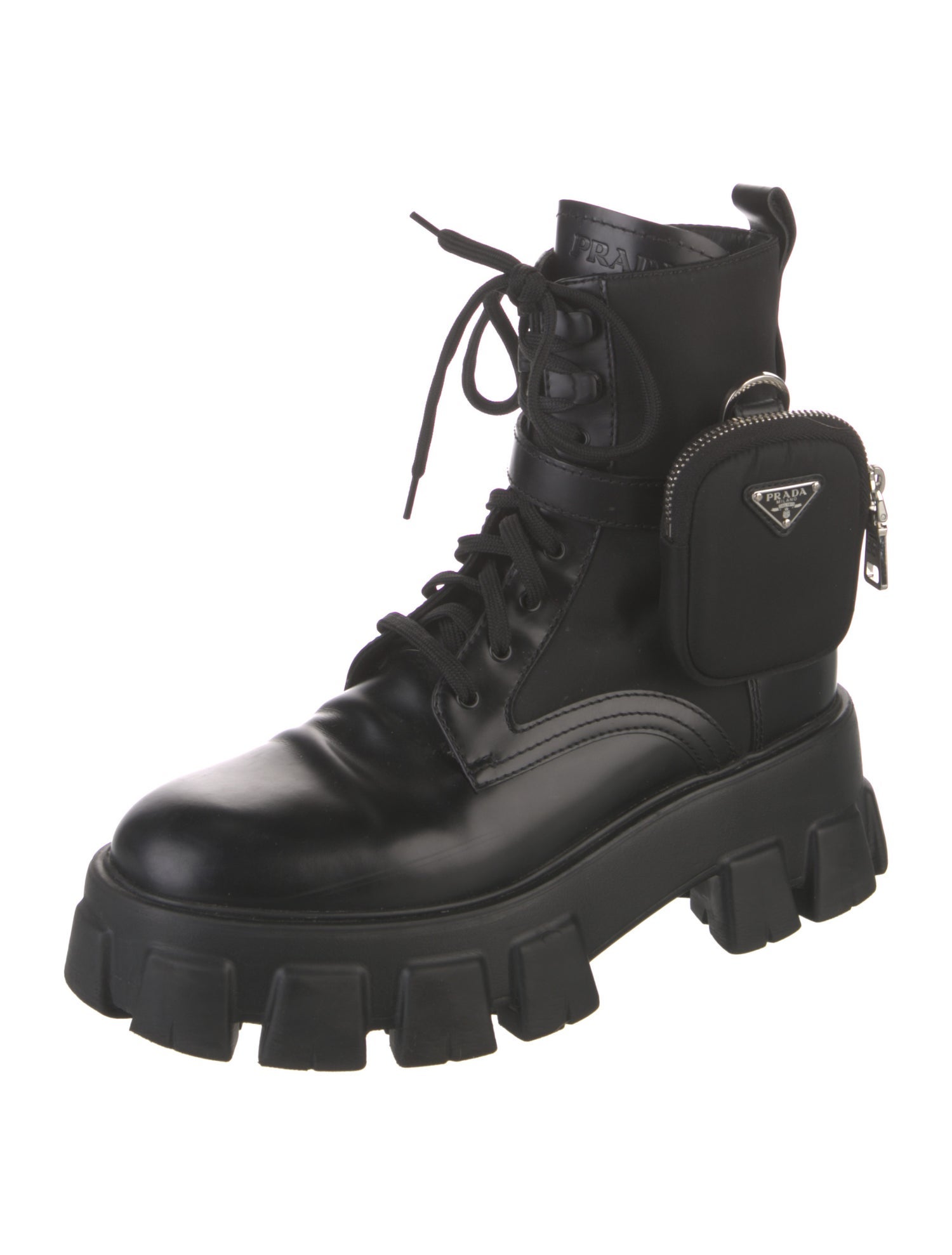 Prada Enameled Metal Triangle Leather Combat Boots