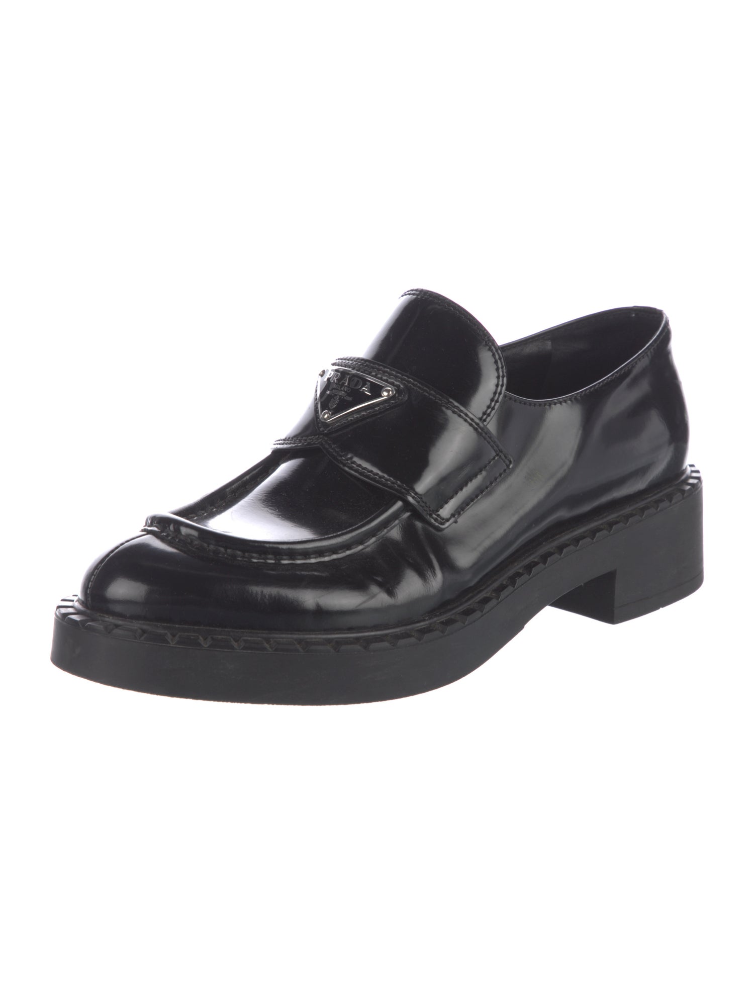 Prada Enameled Metal Triangle Leather Oxfords