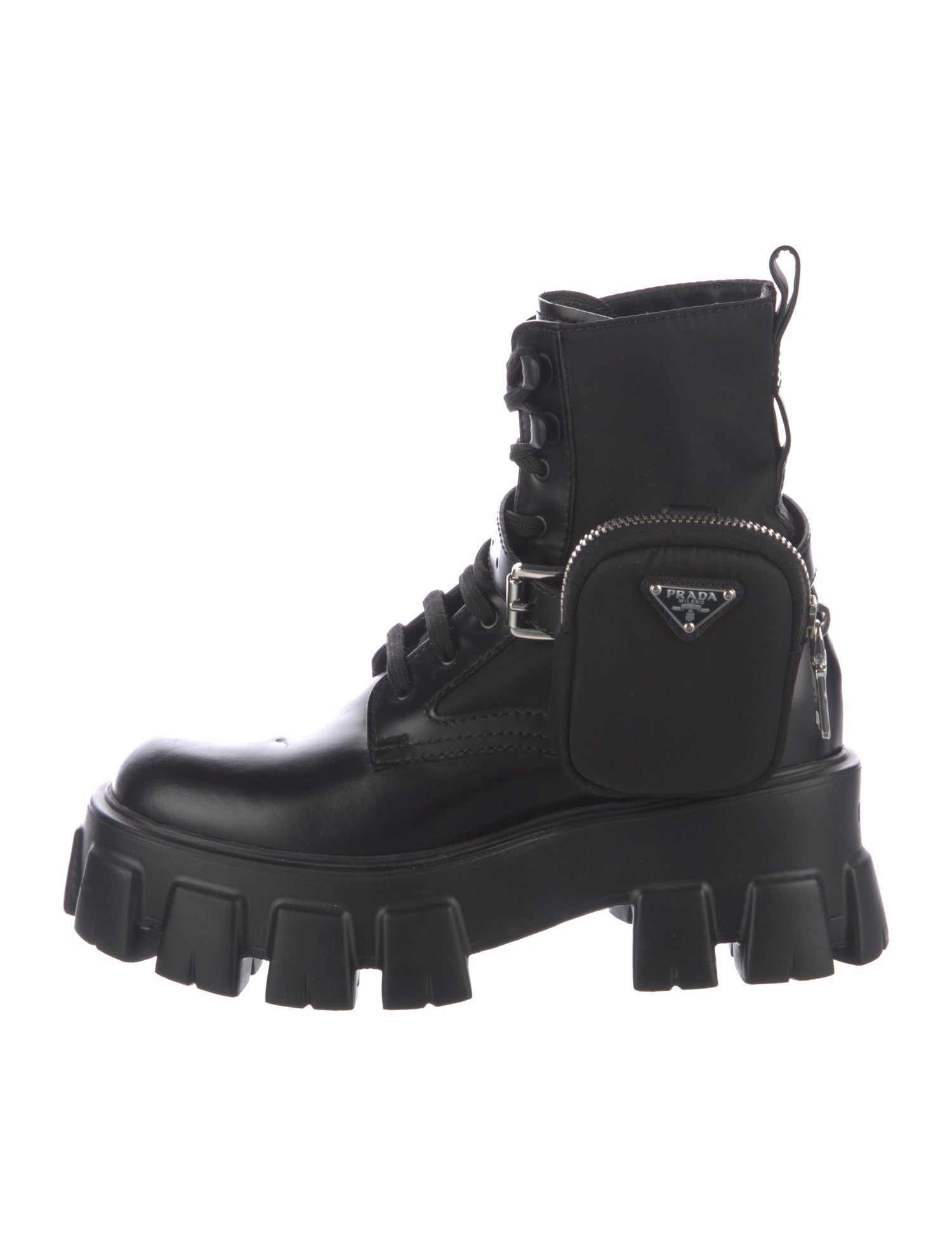 Prada Enameled Metal Triangle Leather Combat Boots