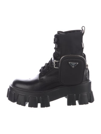 Prada Enameled Metal Triangle Leather Combat Boots