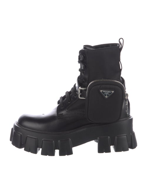 Prada Enameled Metal Triangle Leather Combat Boots