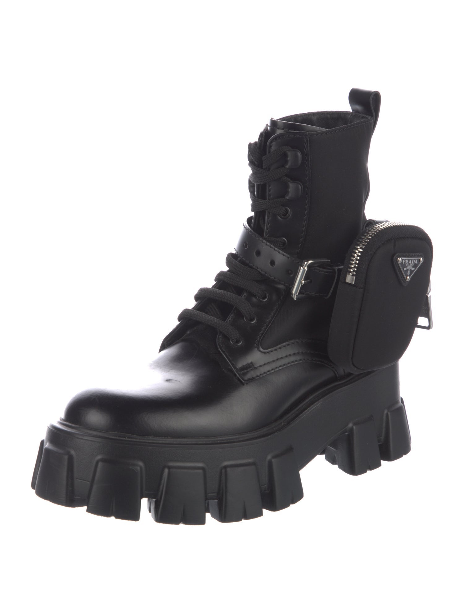 Prada Enameled Metal Triangle Leather Combat Boots