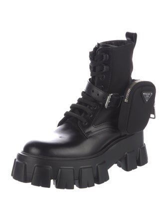 Prada Enameled Metal Triangle Leather Combat Boots