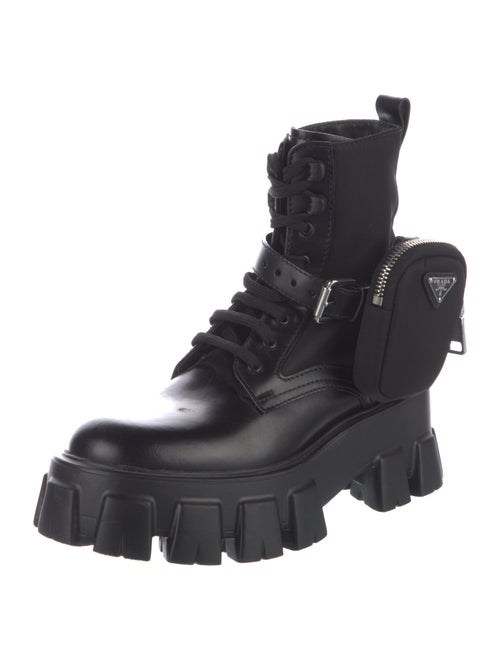 Prada Enameled Metal Triangle Leather Combat Boots