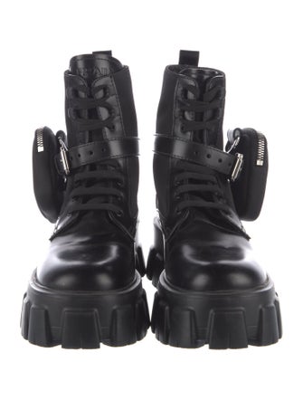 Prada Enameled Metal Triangle Leather Combat Boots