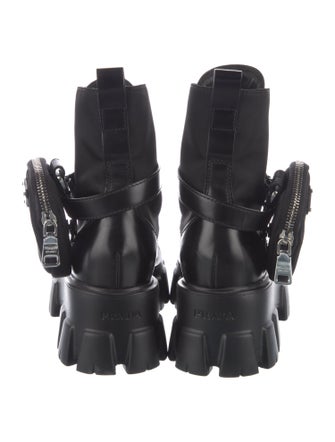 Prada Enameled Metal Triangle Leather Combat Boots