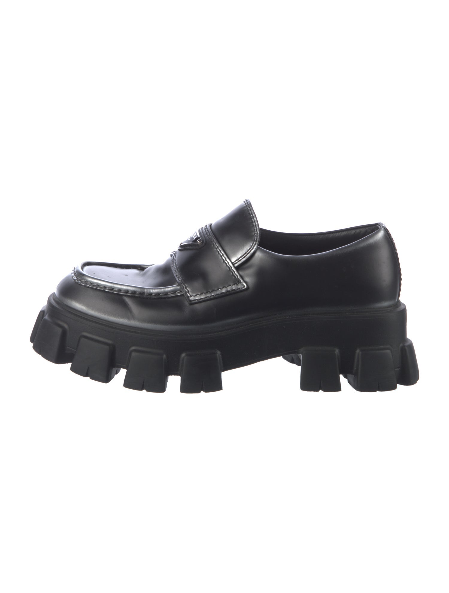 Prada Enameled Metal Triangle Leather Dress Loafers