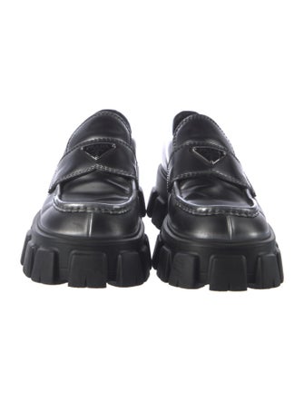 Prada Enameled Metal Triangle Leather Dress Loafers