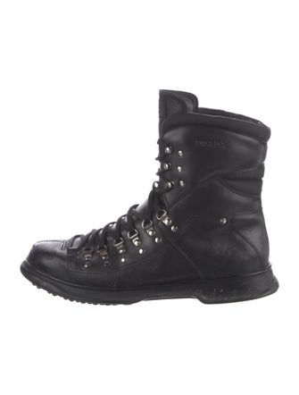 Prada Sport Leather Studded Accents Combat Boots