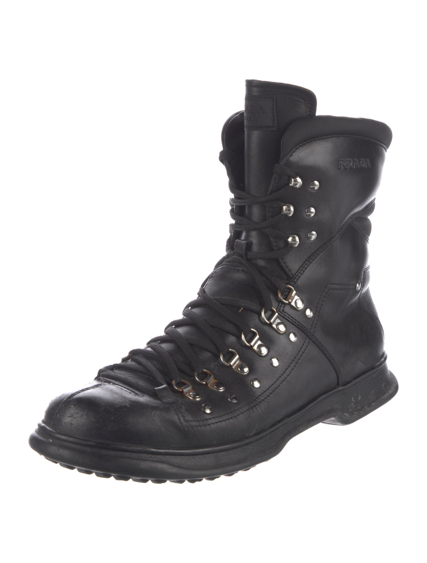 Prada Sport Leather Studded Accents Combat Boots
