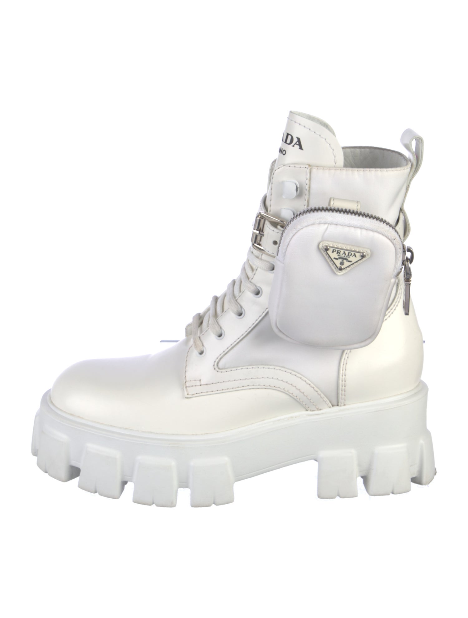 Prada Enameled Metal Triangle Leather Combat Boots