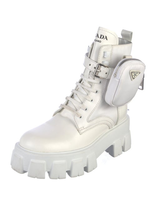 Prada Enameled Metal Triangle Leather Combat Boots