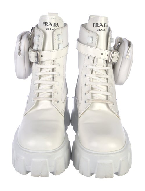 Prada Enameled Metal Triangle Leather Combat Boots