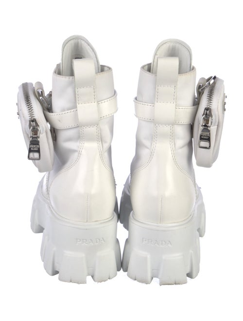 Prada Enameled Metal Triangle Leather Combat Boots