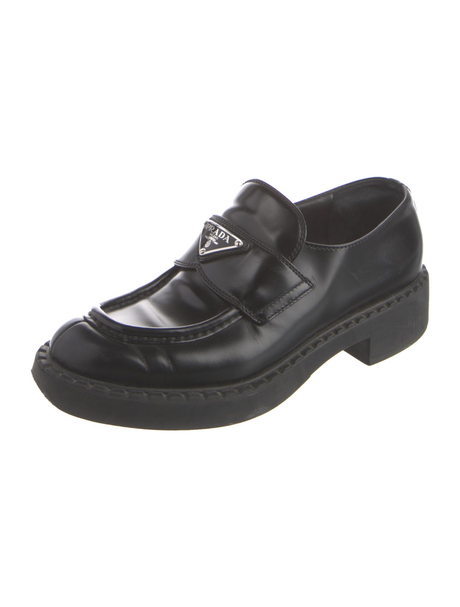 Prada Enameled Metal Triangle Leather Oxfords